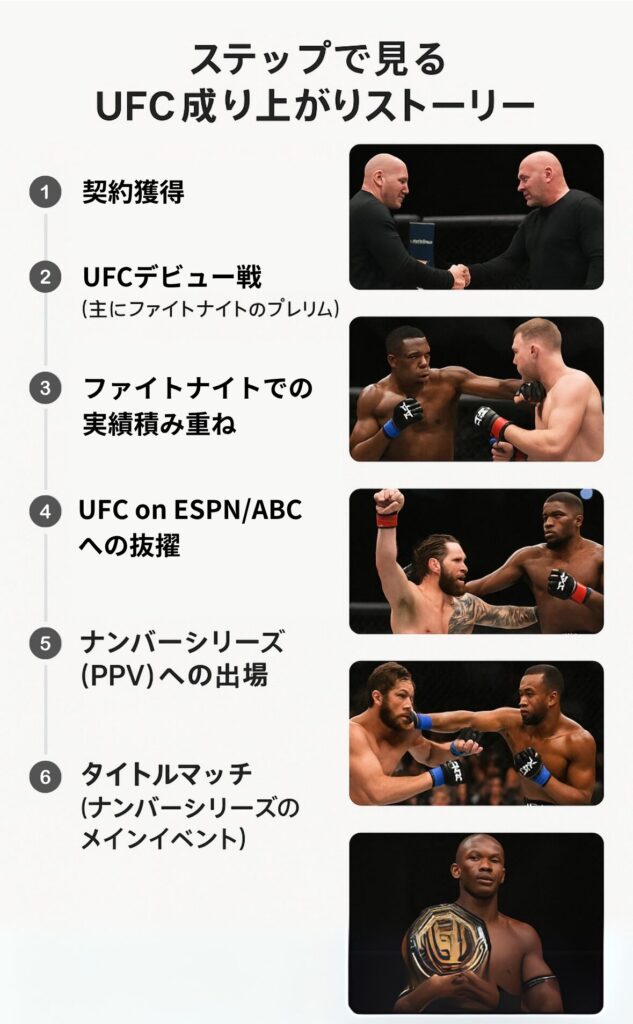 ステップで見るUFC成り上がりストーリーを表たフロー画像